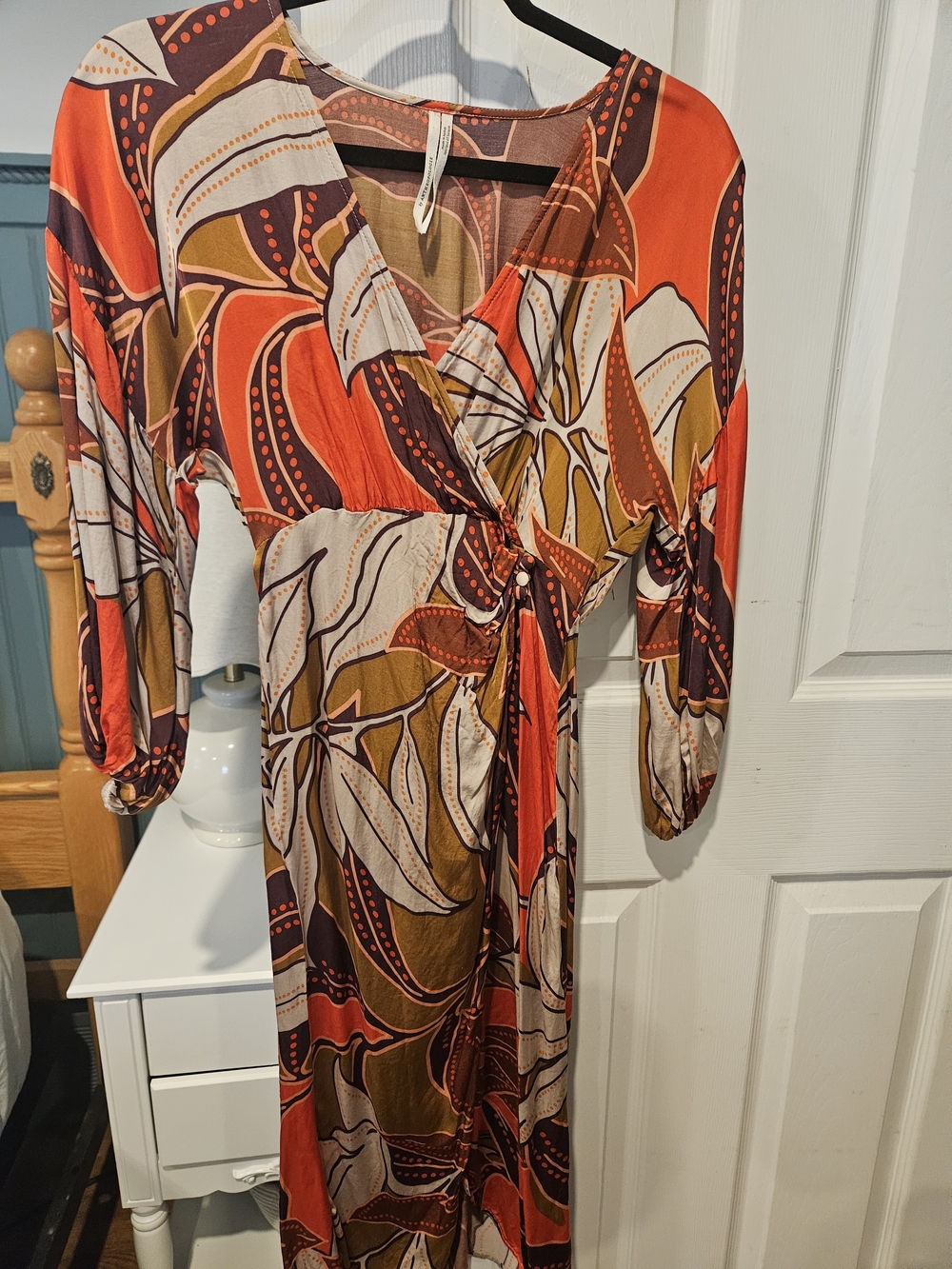 Anthropologie Orange and Brown Retro Print Long Sleeve Wrap Dress